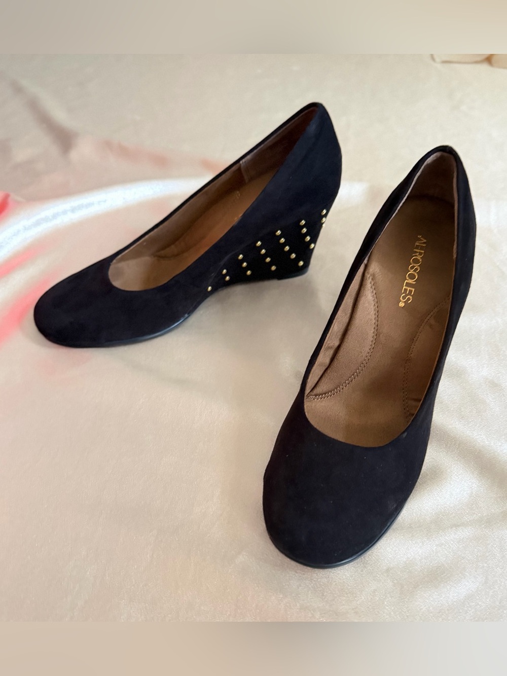 AEROSOLES Black Suede Wedge Heels with Gold Stud Detail